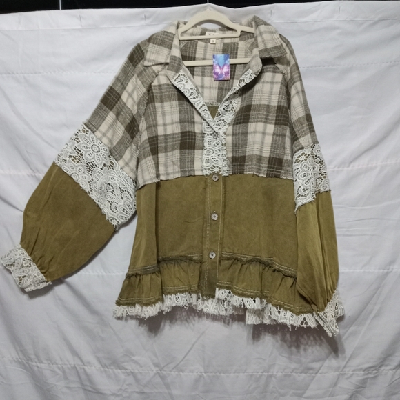 POL Jackets & Blazers - POL Olive and Plaid Lace Utility Jacket